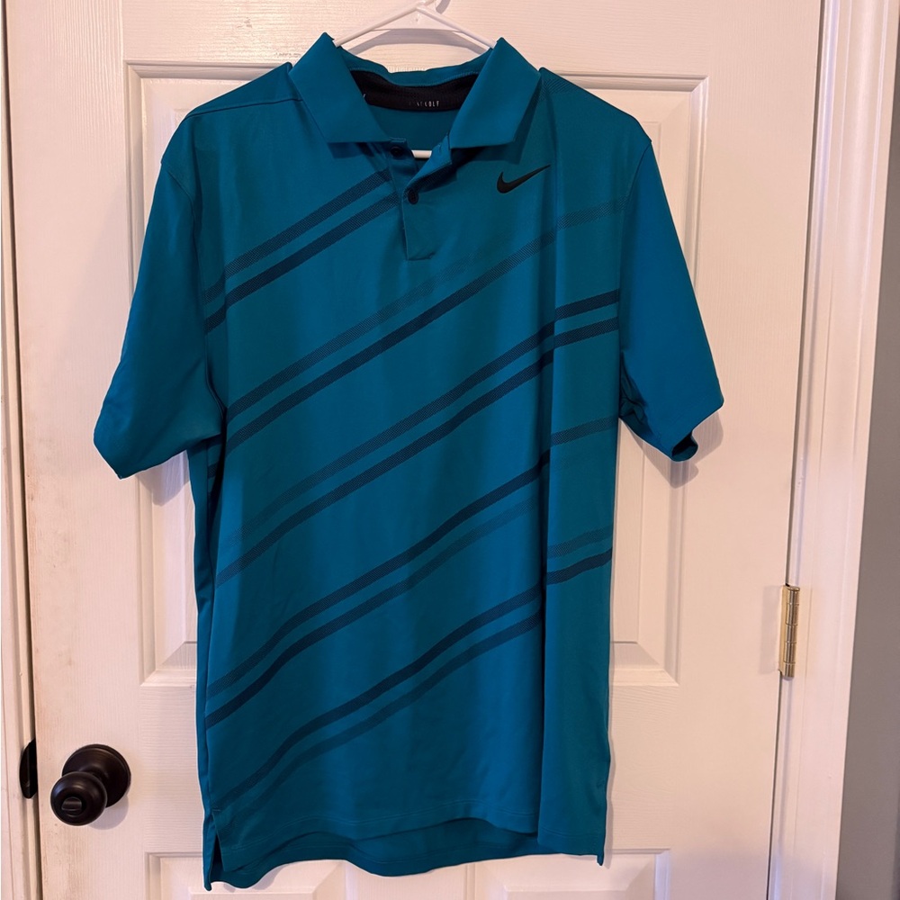 Nike Men's Teal and Black Striped Polo Shirt
